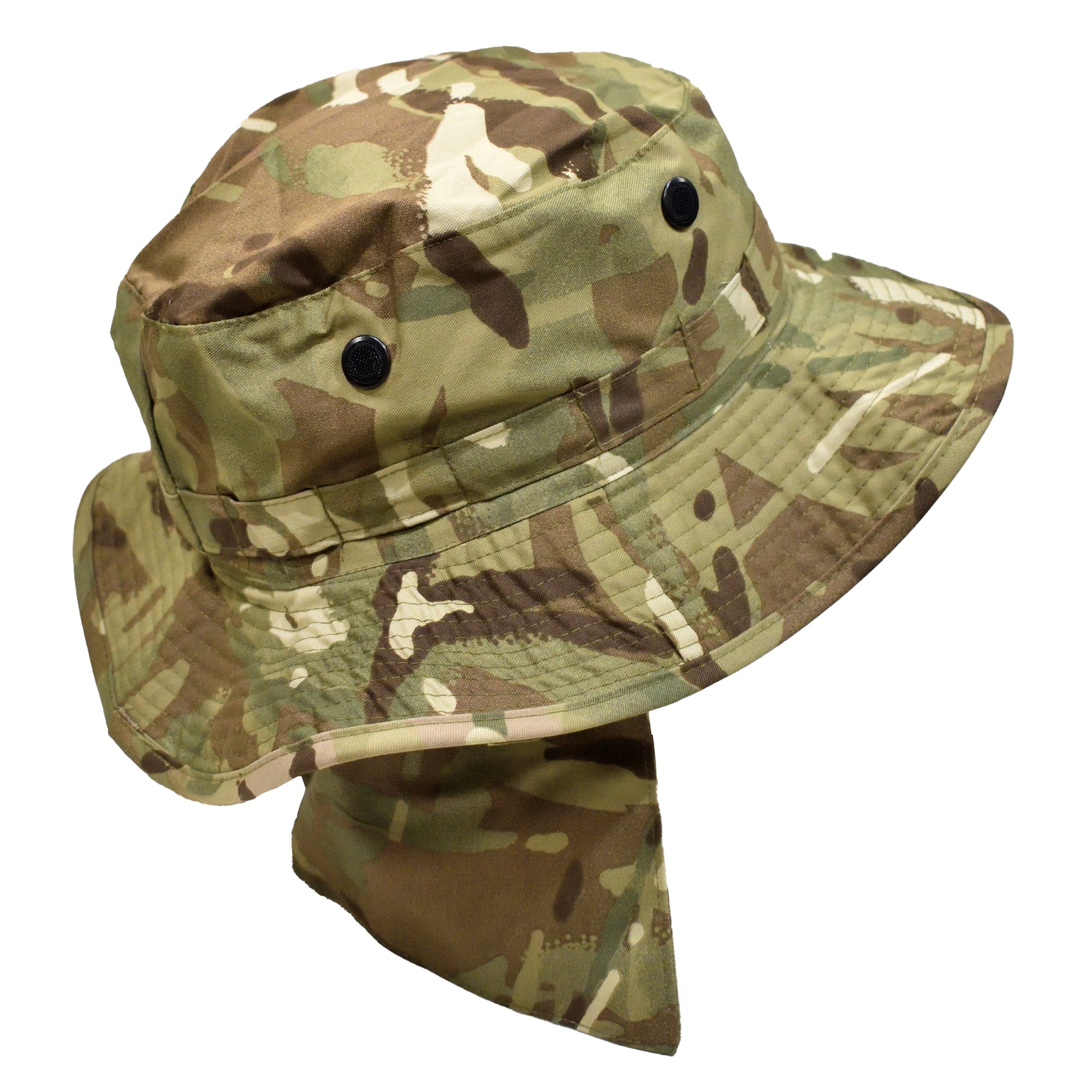 Right-angled side view of British Army Tropical Combat Hat MTP highlighting fabric and stitching.