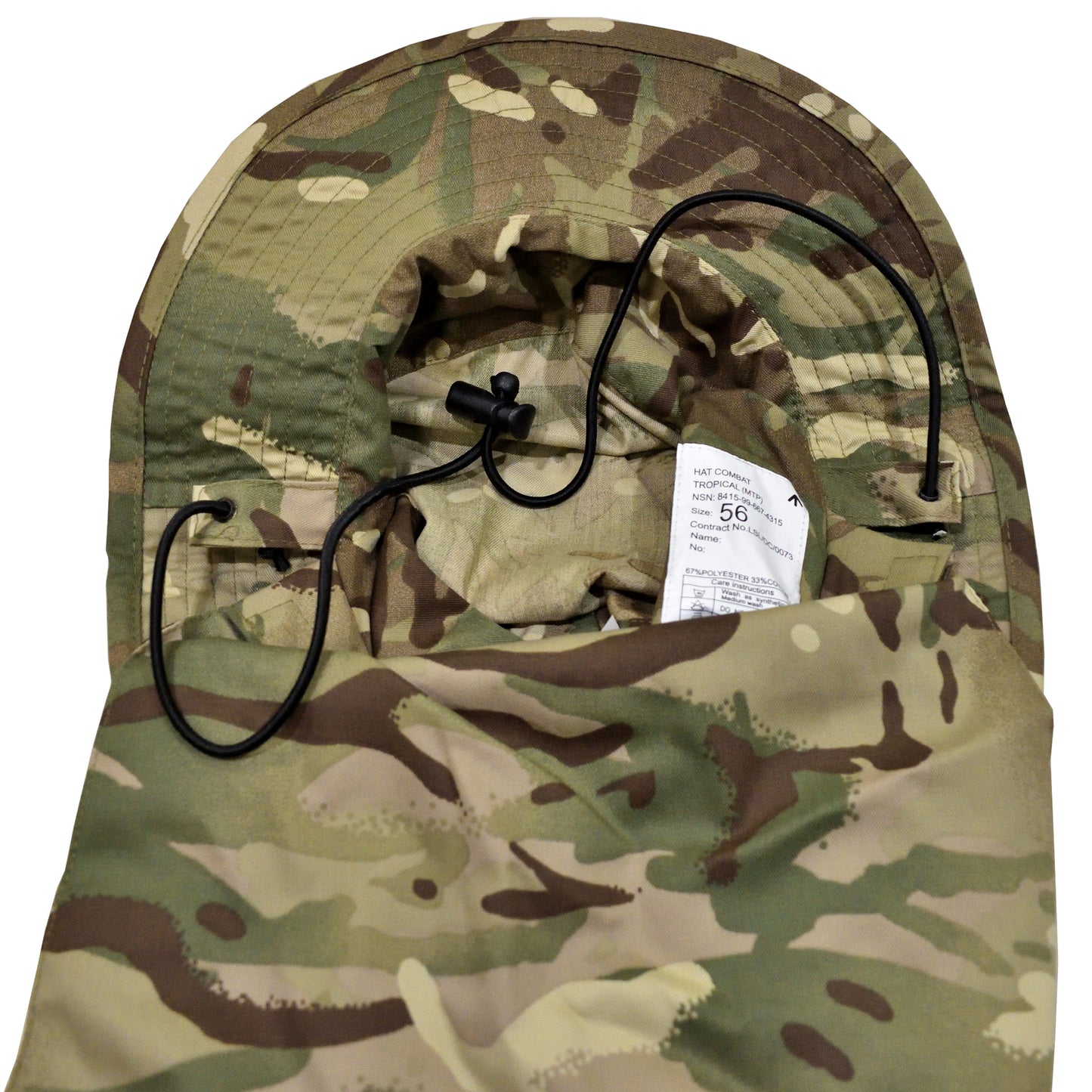 Underneath angled shot showing the interior stitching and label of British Army Tropical Combat Hat MTP.