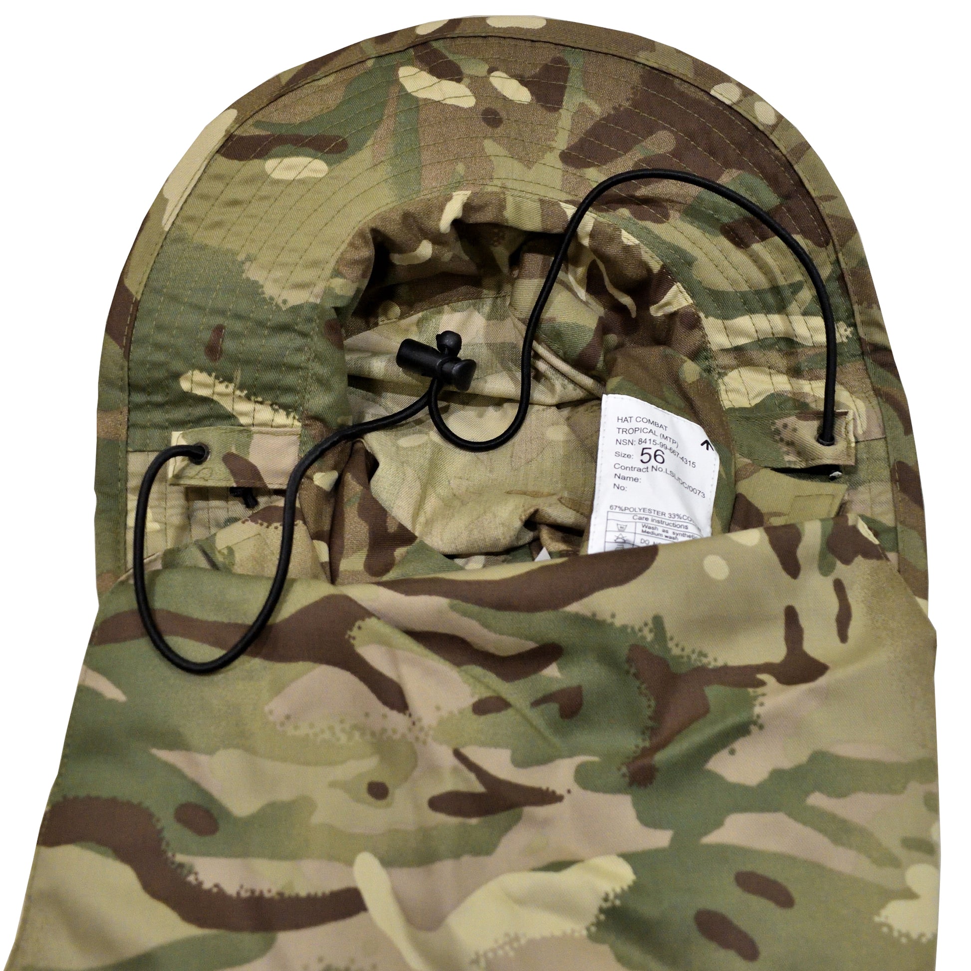 Underneath angled shot showing the interior stitching and label of British Army Tropical Combat Hat MTP.