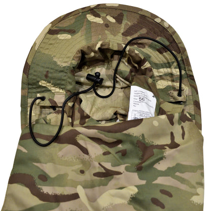 Underneath angled shot showing the interior stitching and label of British Army Tropical Combat Hat MTP.