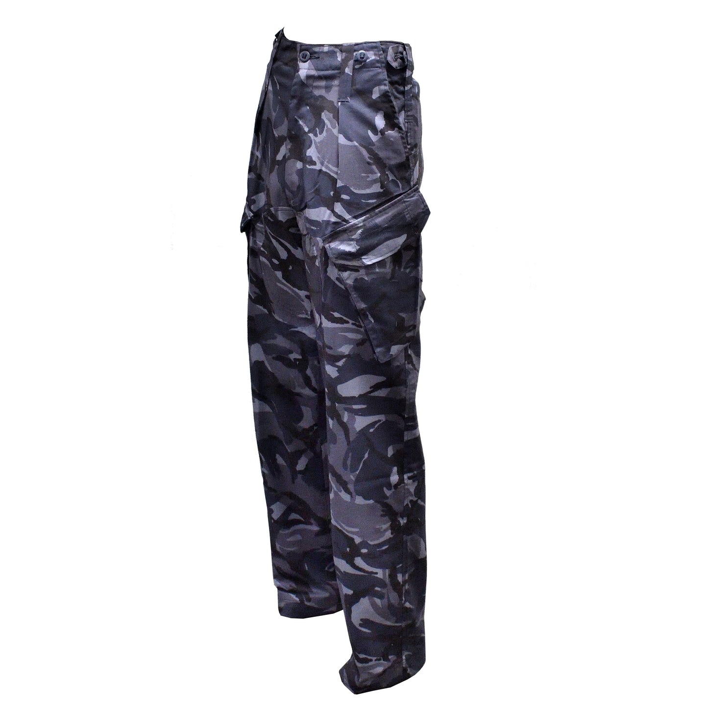 Left-angled front shot of British Army Combat Trousers Blue Camo showing pockets and belt loops.