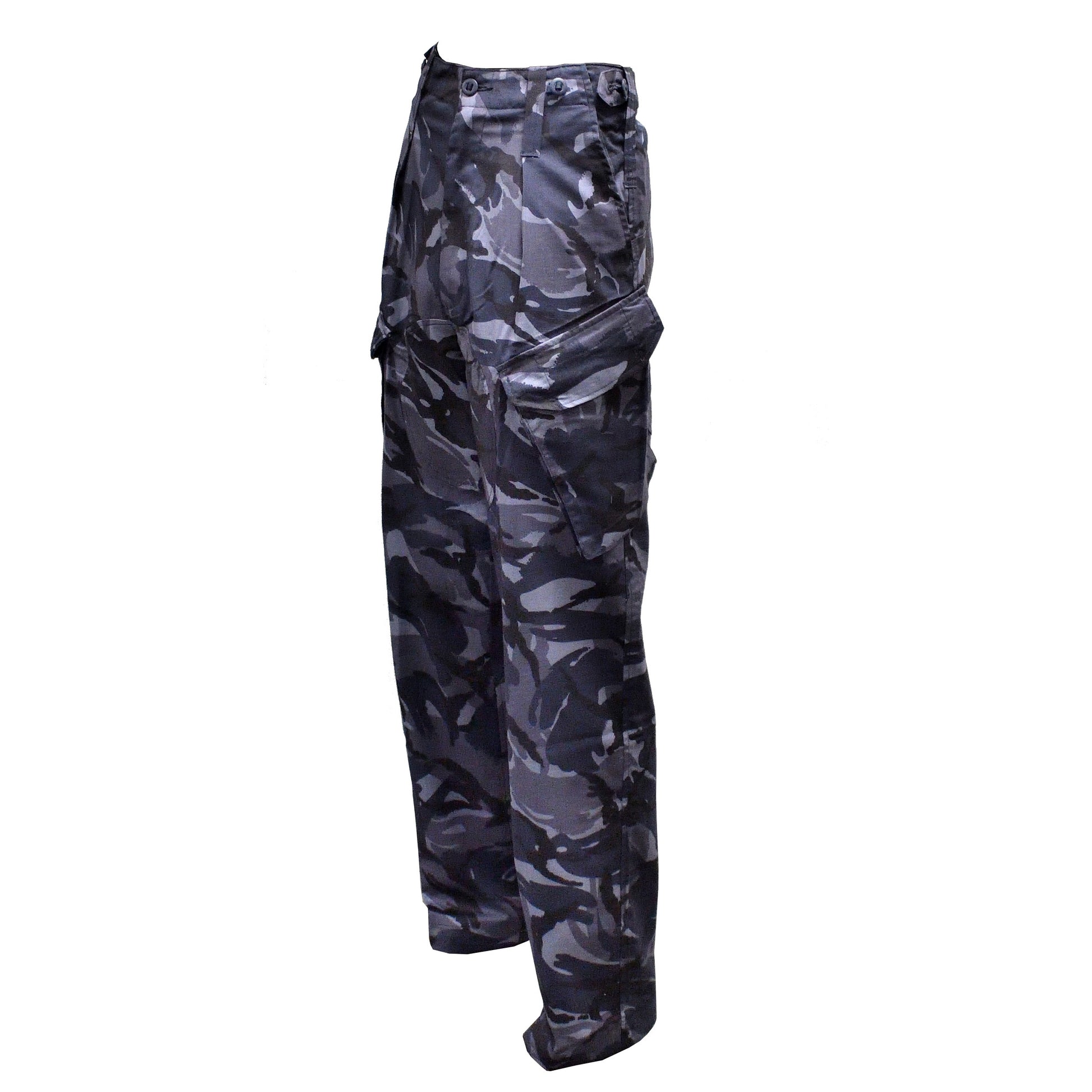 Left-angled front shot of British Army Combat Trousers Blue Camo showing pockets and belt loops.