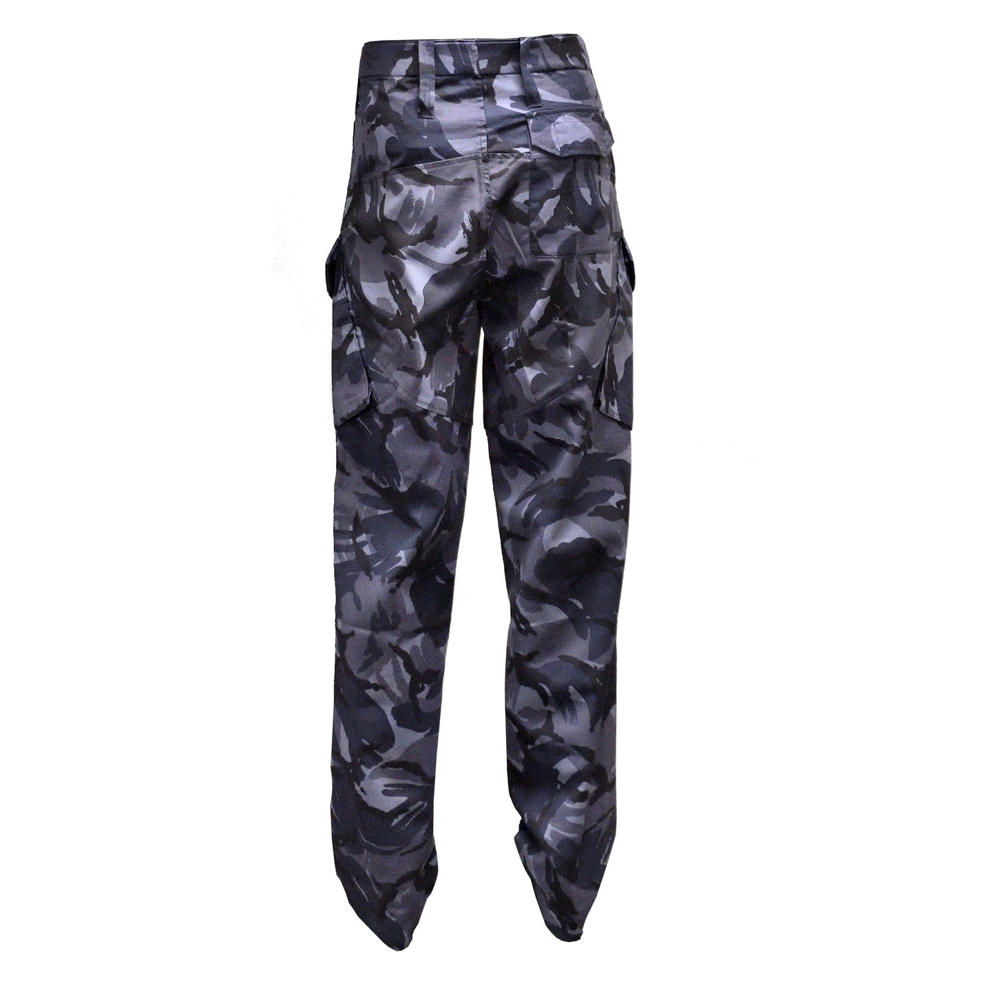 Rear view of British Army Combat Trousers Blue Camo showing full length and cut.