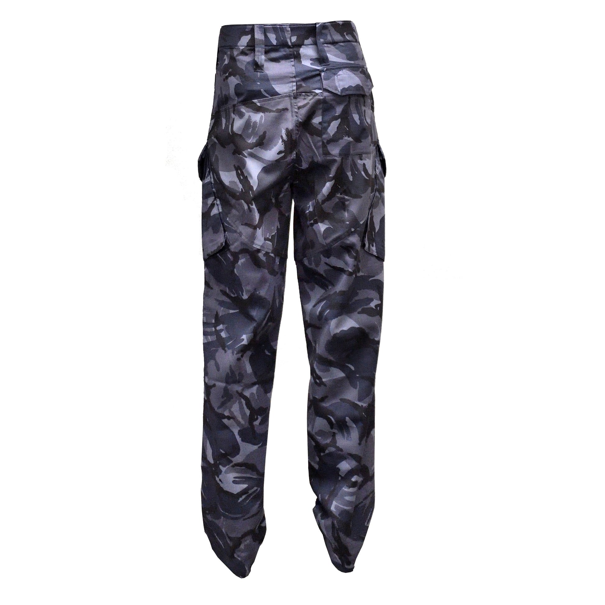 Rear view of British Army Combat Trousers Blue Camo showing full length and cut.