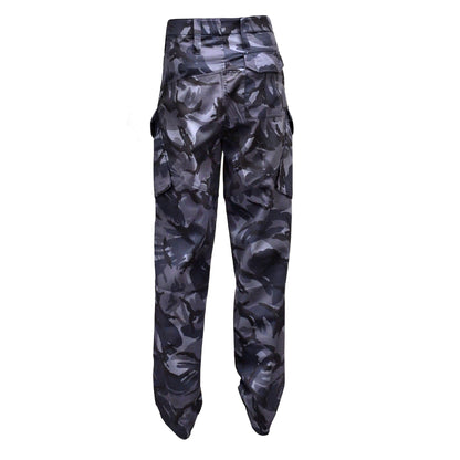 Rear view of British Army Combat Trousers Blue Camo showing full length and cut.