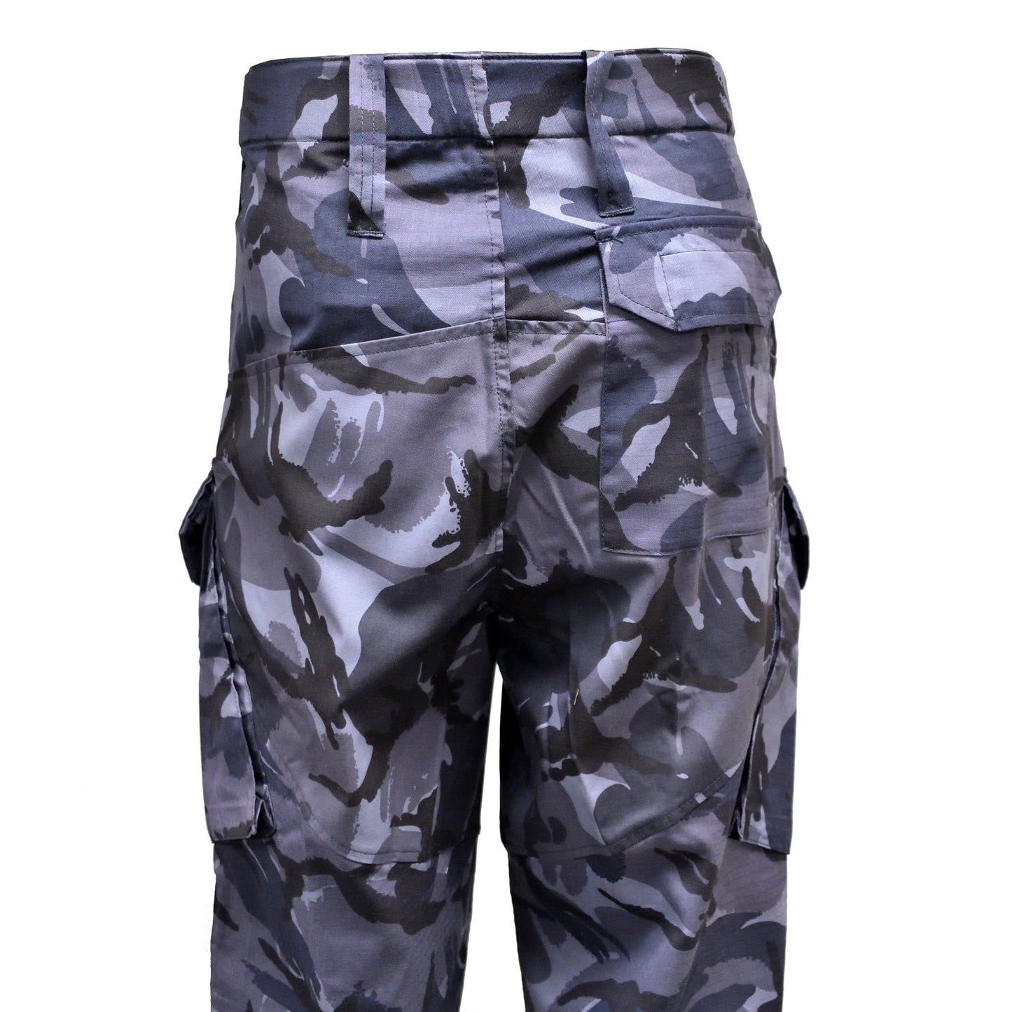 Detailed shot of belt loops and fabric texture on British Army Combat Trousers Blue Camo.