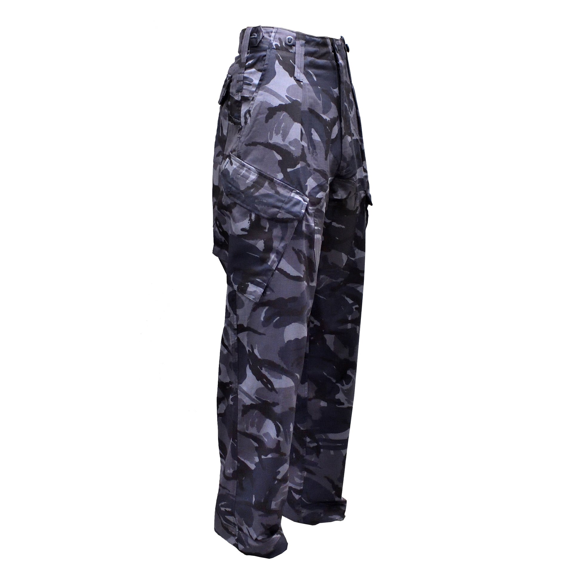 Right-angled front view of British Army Combat Trousers Blue Camo highlighting fabric and fit.