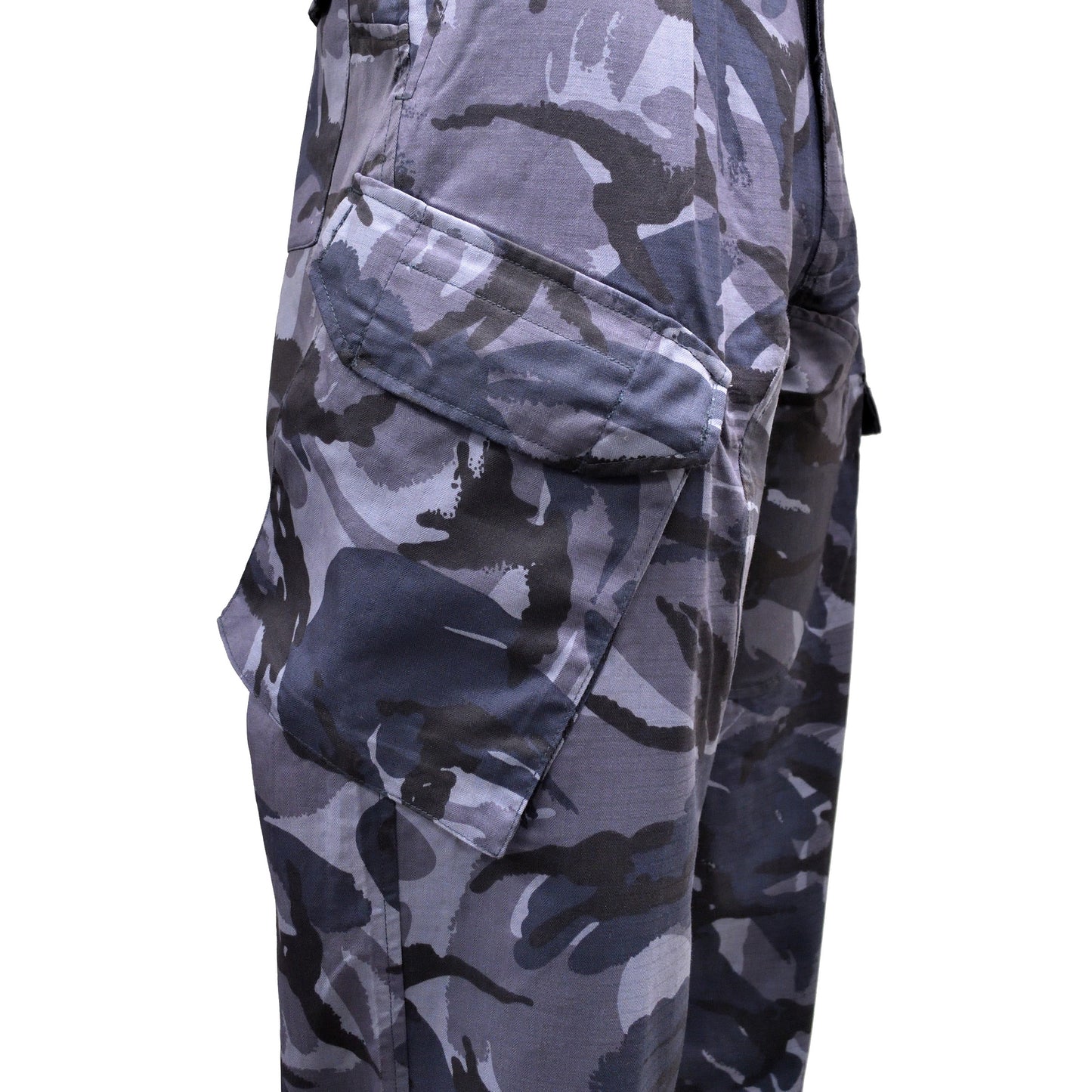 Macro image of blue camouflage fabric on British Army Combat Trousers.