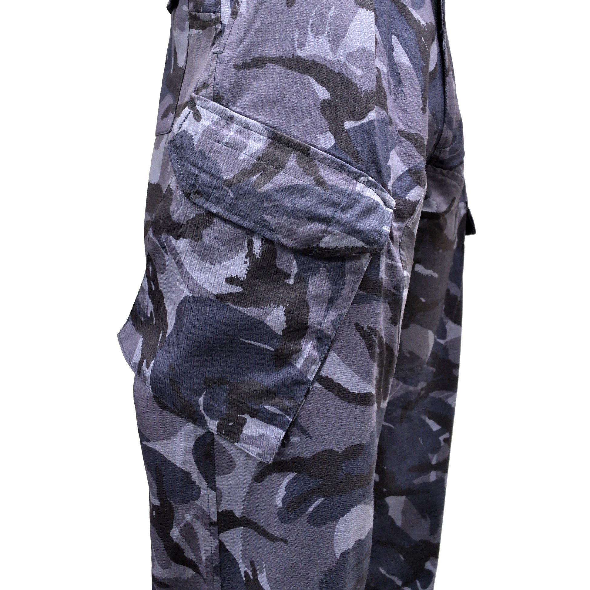 Macro image of blue camouflage fabric on British Army Combat Trousers.
