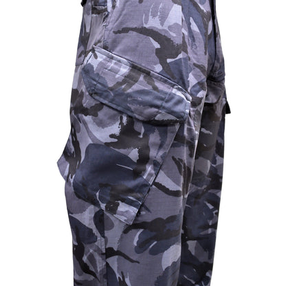 Macro image of blue camouflage fabric on British Army Combat Trousers.