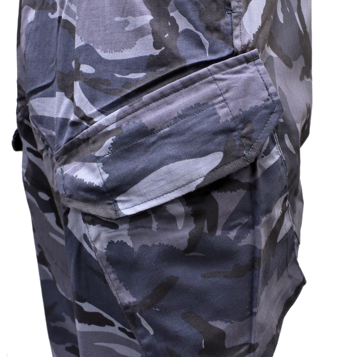 Close-up of pocket and stitching on British Army Combat Trousers Blue Camo.