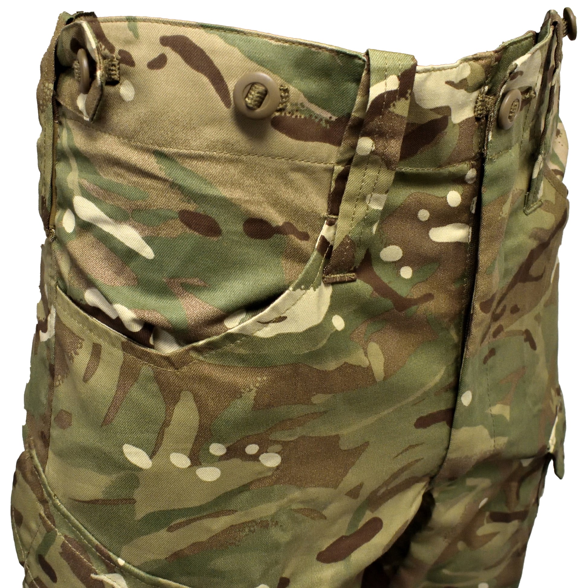 Close-up of waistband and belt loops on Combat Trousers "23" MTP camouflage.