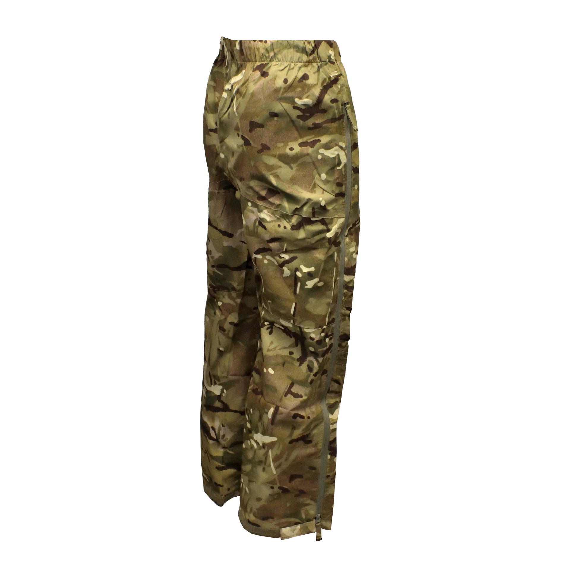 Angled rear right view of British Army Waterproof MVP Trousers.