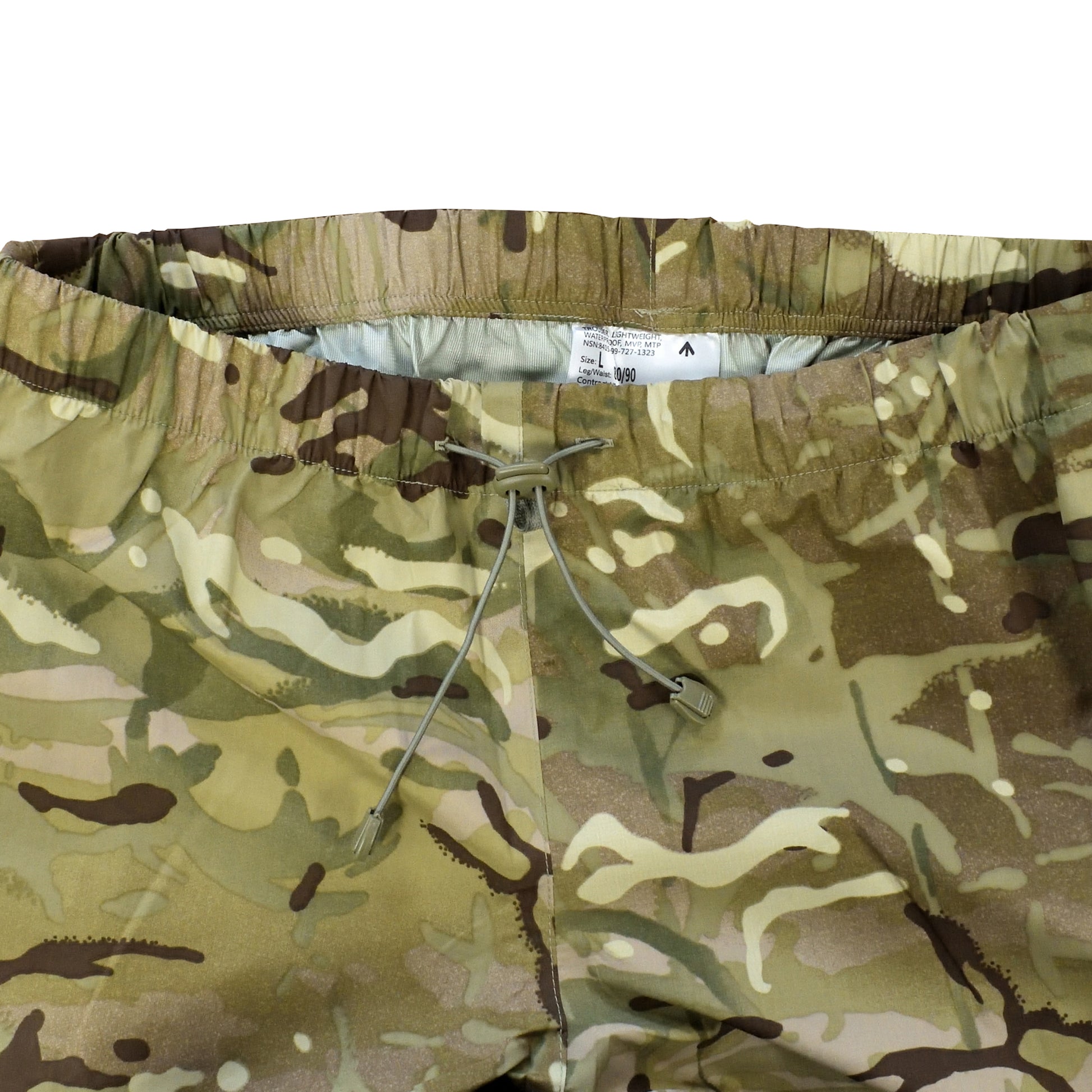 Close-up of adjustable waistband and belt loops on British Army MVP Trousers.