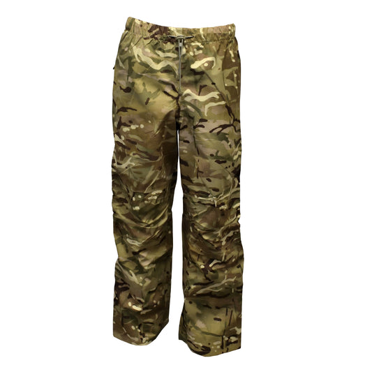 Front view of British Army Waterproof Lightweight MVP Trousers in MTP camouflage.