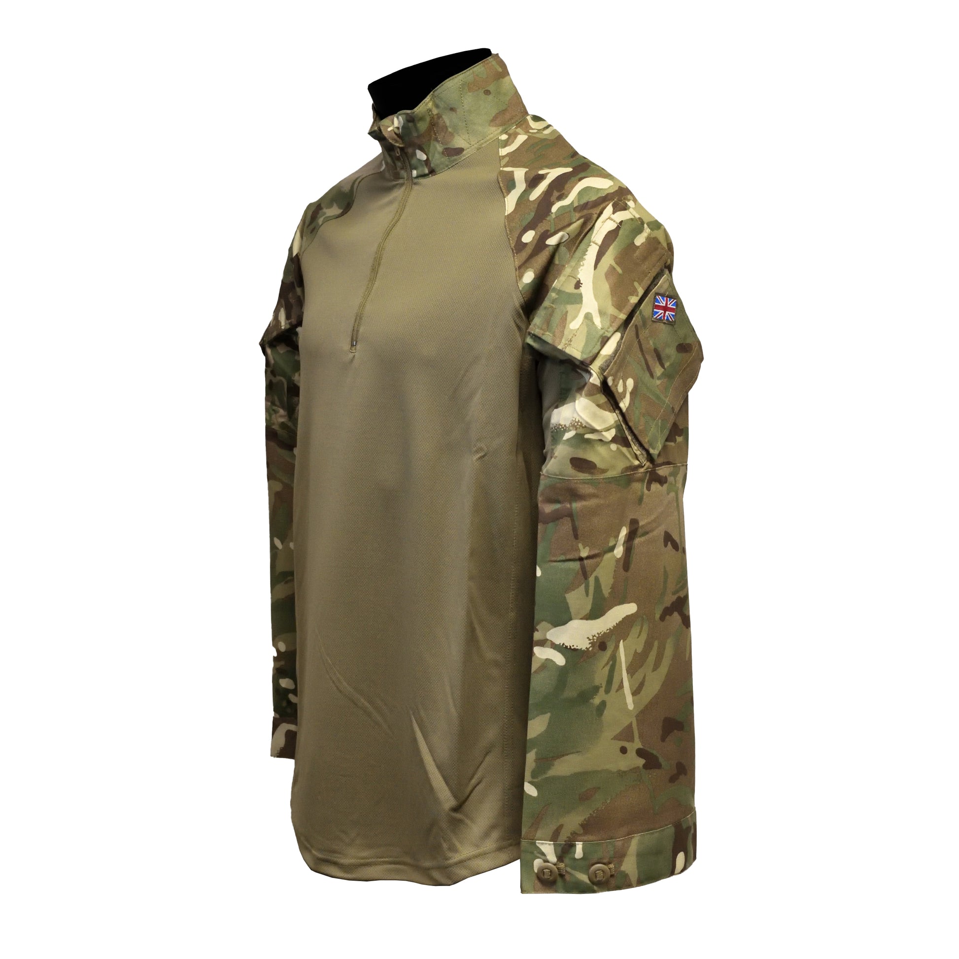 Angled front left view of UBACS EP Shirt with green front panel.