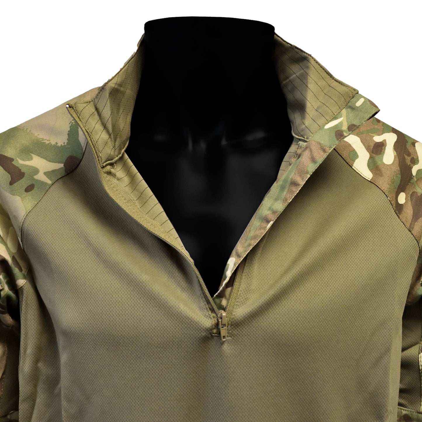 Close-up of chest and unzipped collar detail on UBACS EP Shirt MTP.