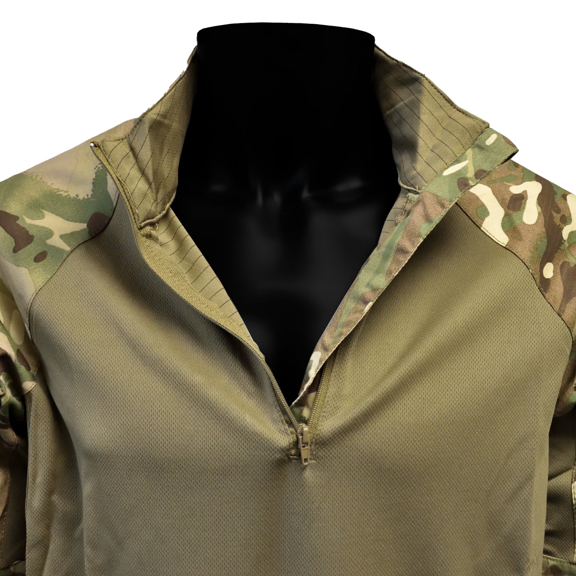 Close-up of chest and unzipped collar detail on UBACS EP Shirt MTP.