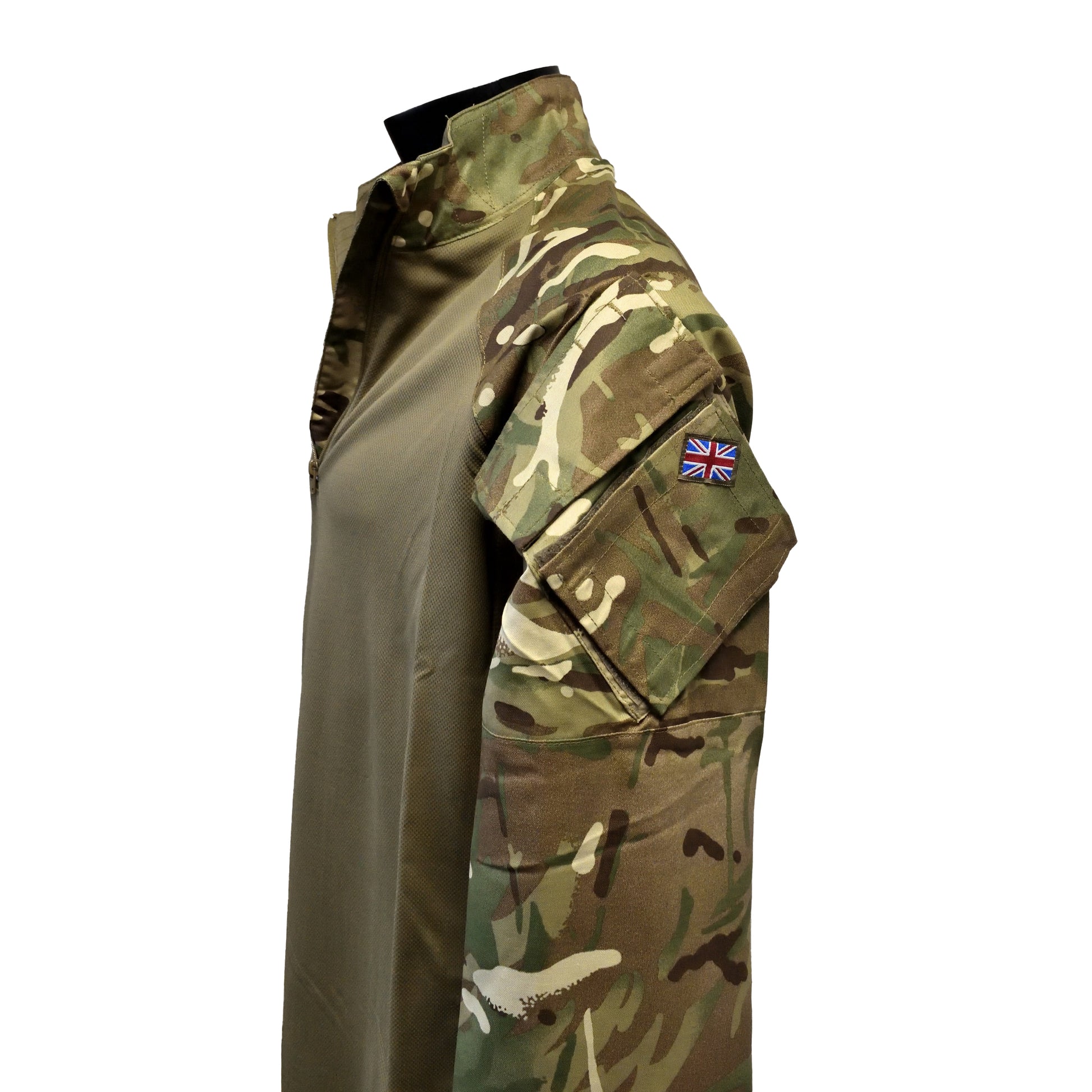 Side profile of UBACS EP Shirt MTP showing sleeve stitched on Union Jack badge.