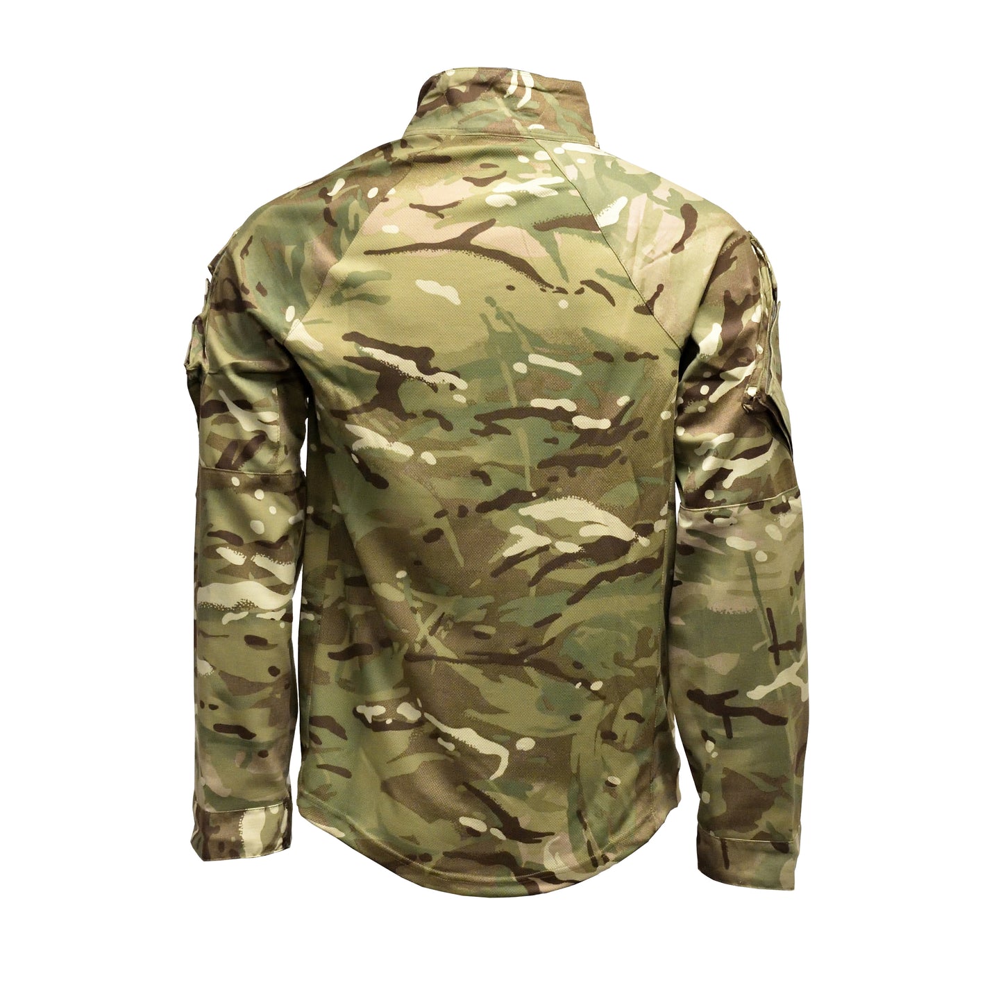 Rear view of British Army UBACS EP Shirt MTP with camouflage fabric and fitted cut.