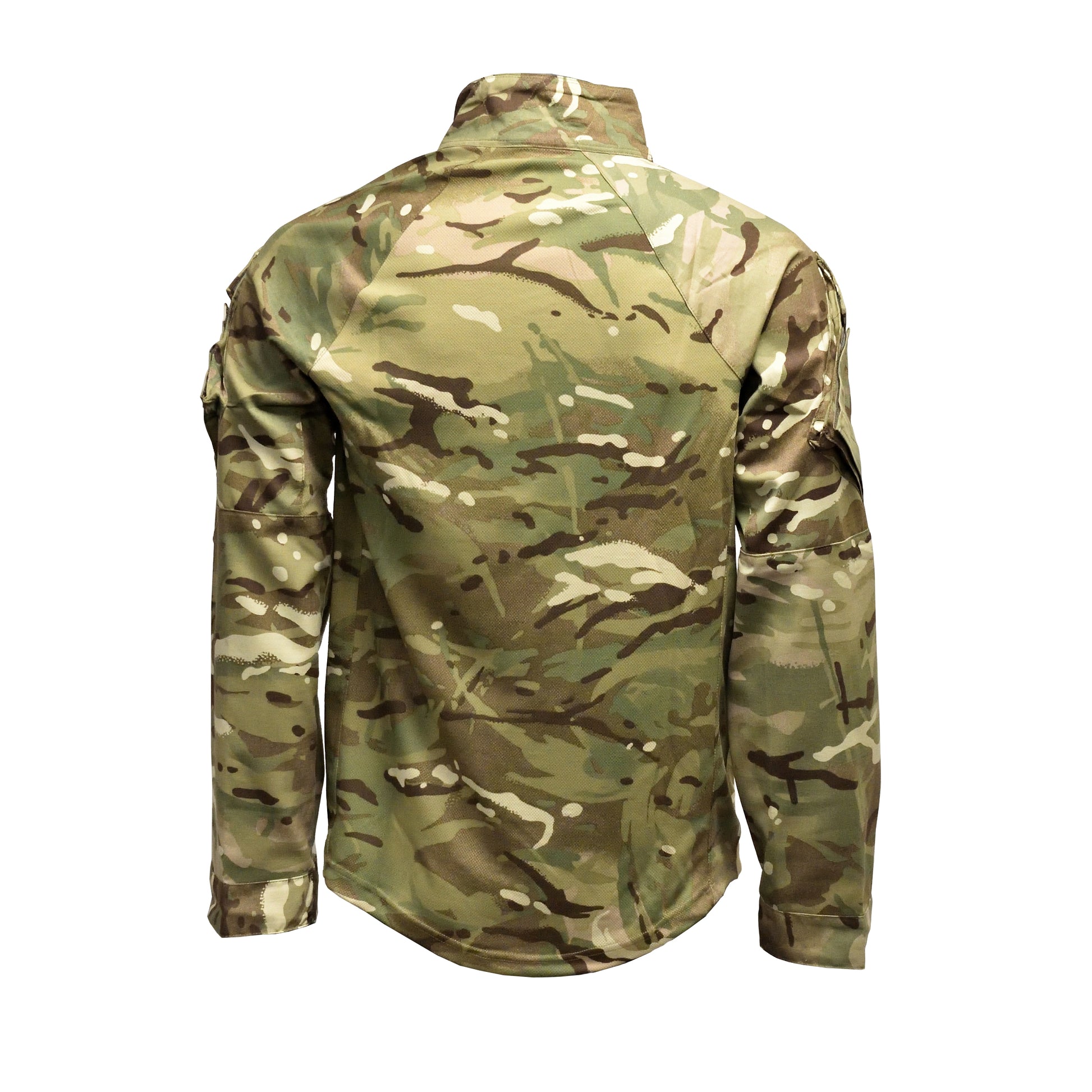 Rear view of British Army UBACS EP Shirt MTP with camouflage fabric and fitted cut.