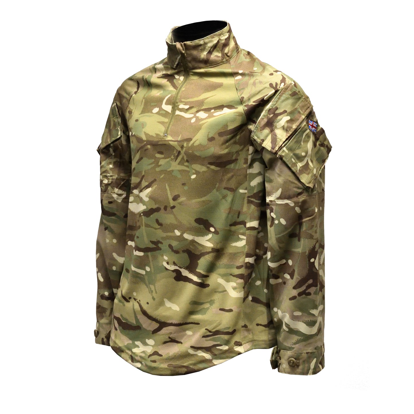 Left-angled front view of British Army UBACS EP Shirt MTP showing chest zip and sleeve pocket.