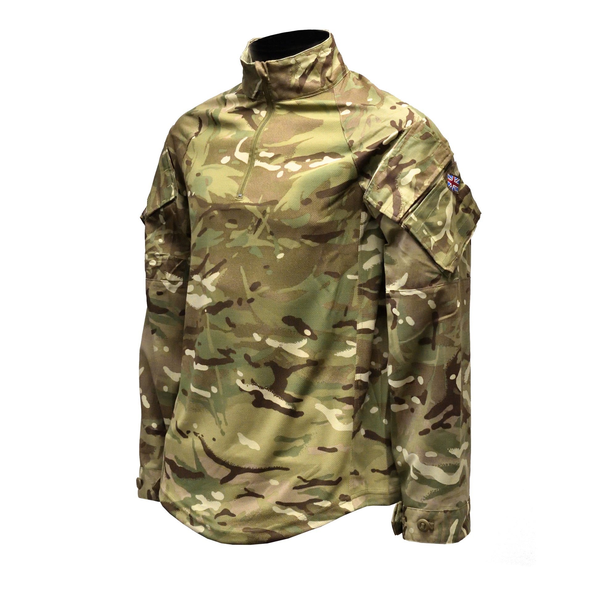 Left-angled front view of British Army UBACS EP Shirt MTP showing chest zip and sleeve pocket.