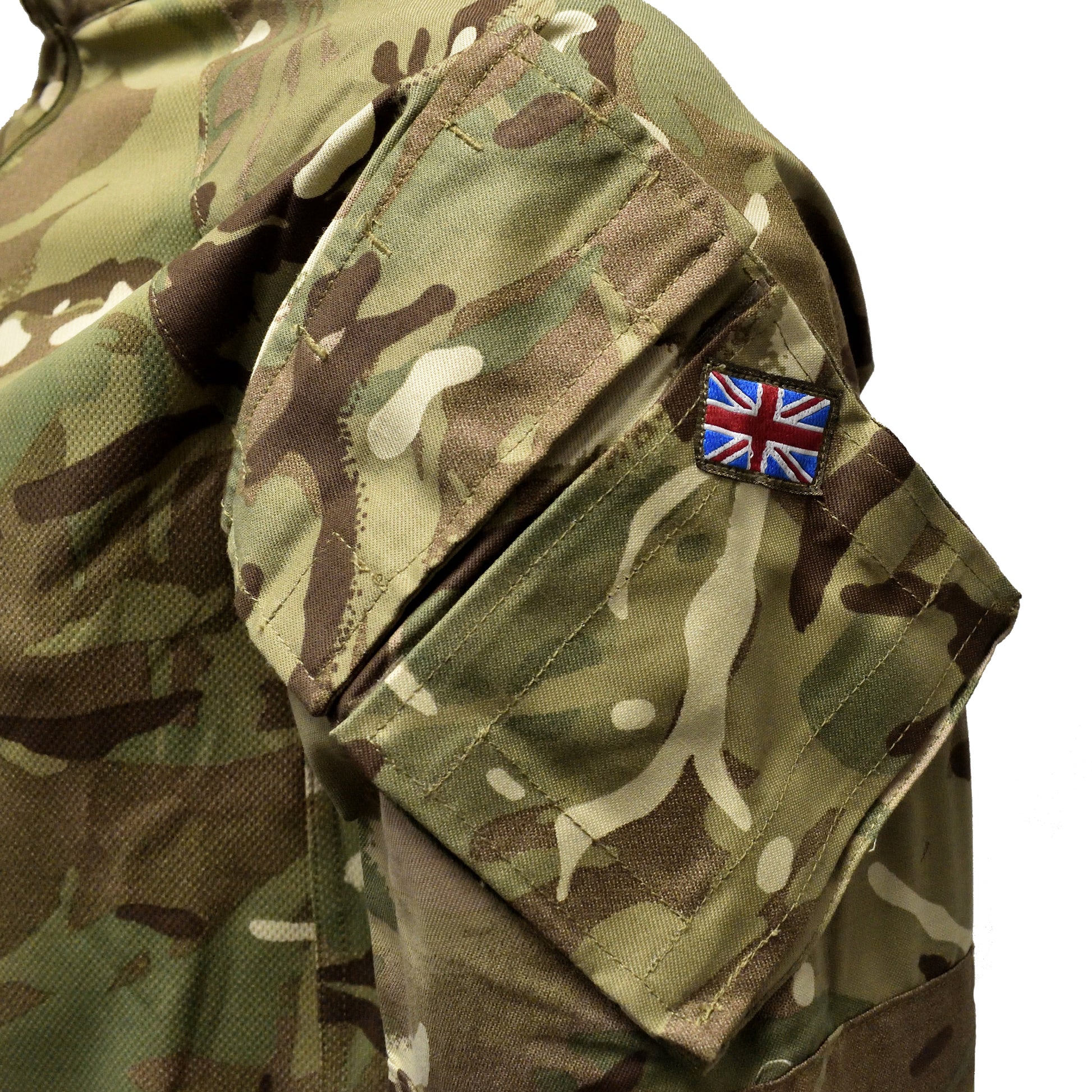 Close-up of Union Jack flag patch on the upper sleeve of British Army UBACS EP Shirt MTP.