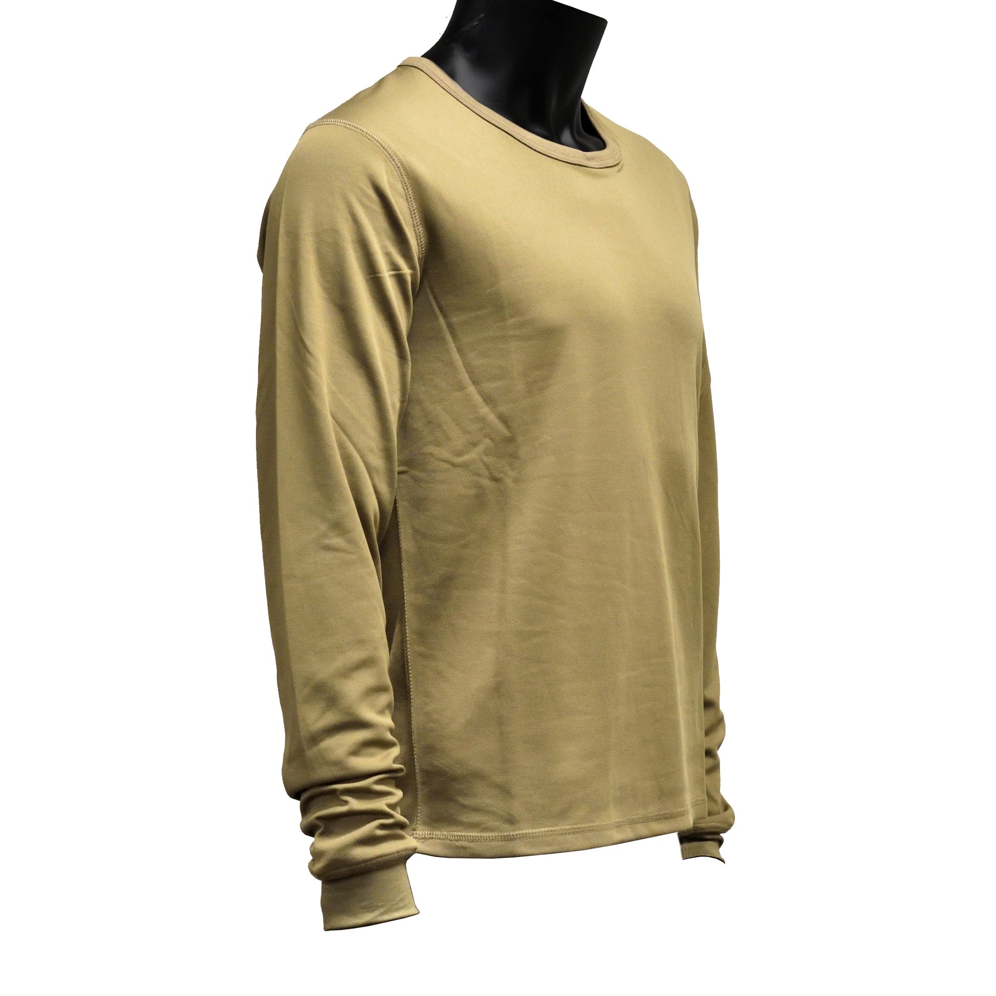 Right-angled front view of British Army Thermal Vest Underwear PCS Olive highlighting neckline and seams.
