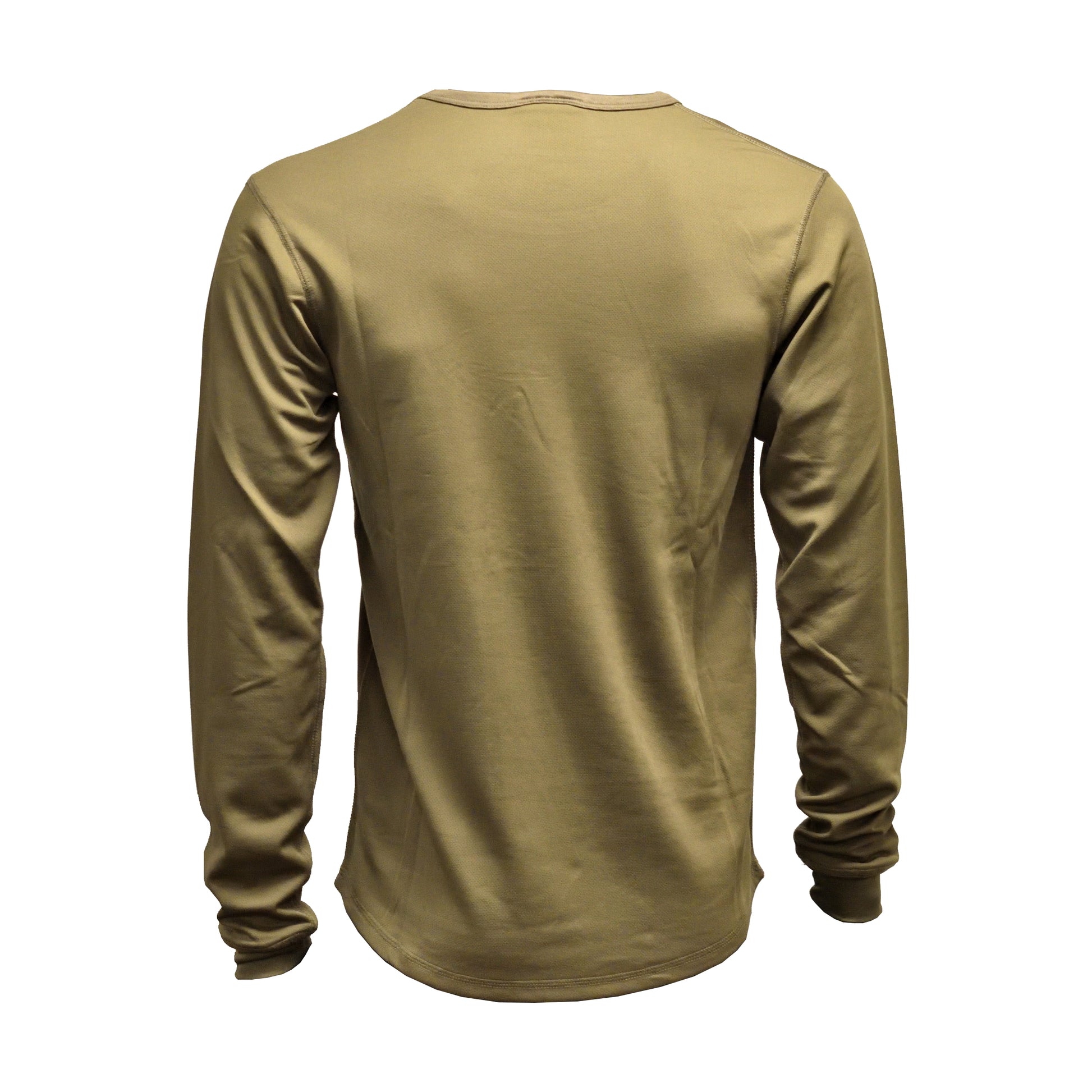 Rear view of British Army Thermal Vest Underwear PCS Olive showing back panel and stitching.