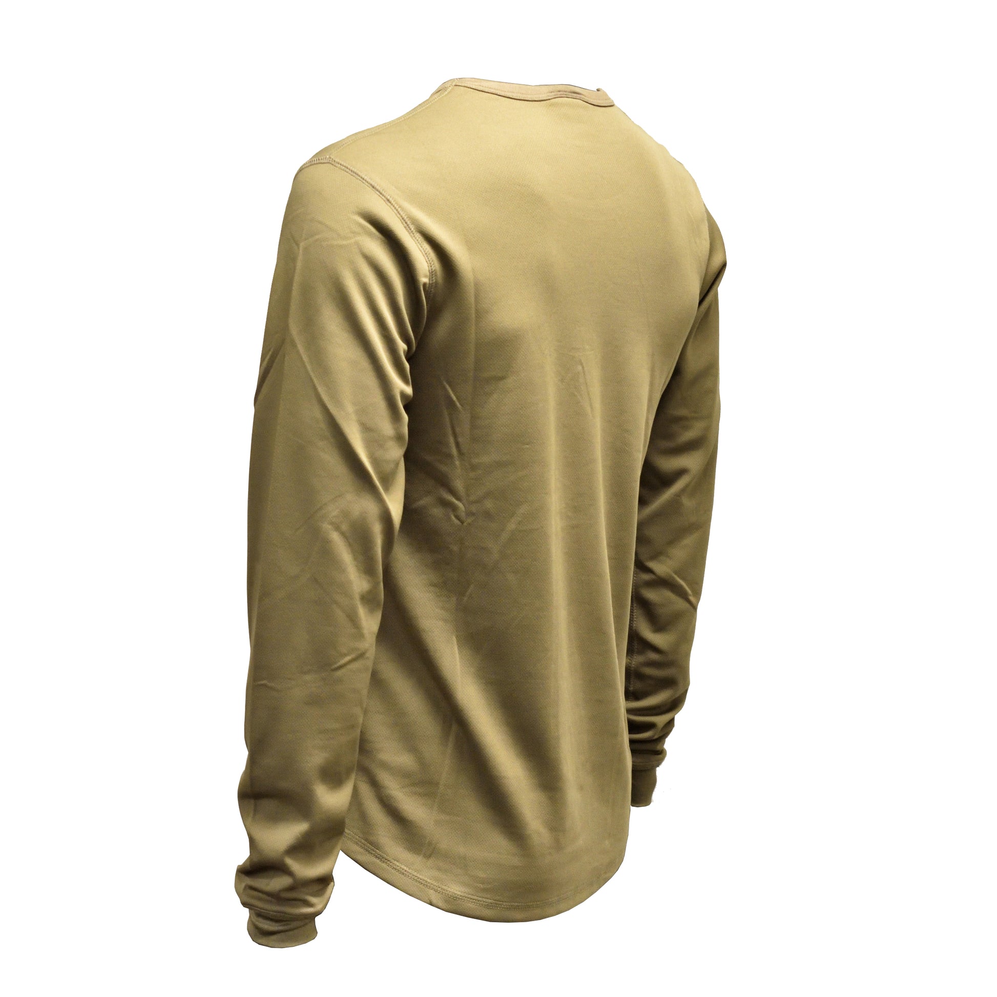 Close-up of shoulder seams and fabric weave on British Army Thermal Shirt Underwear PCS Olive.