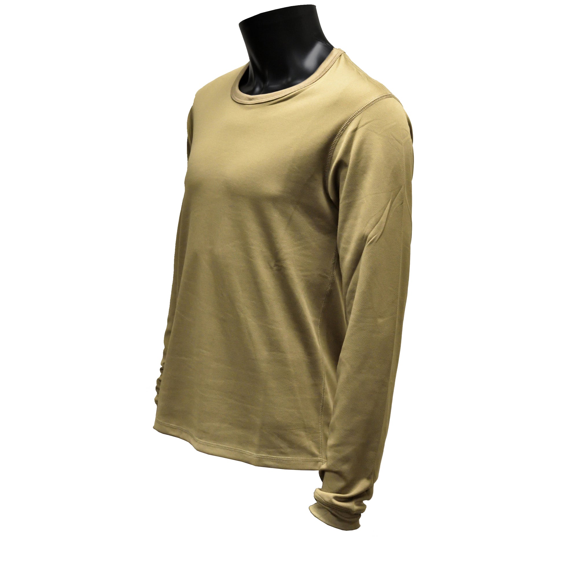 Left-angled front shot of British Army Thermal Vest Underwear PCS Olive showing fit and fabric texture.