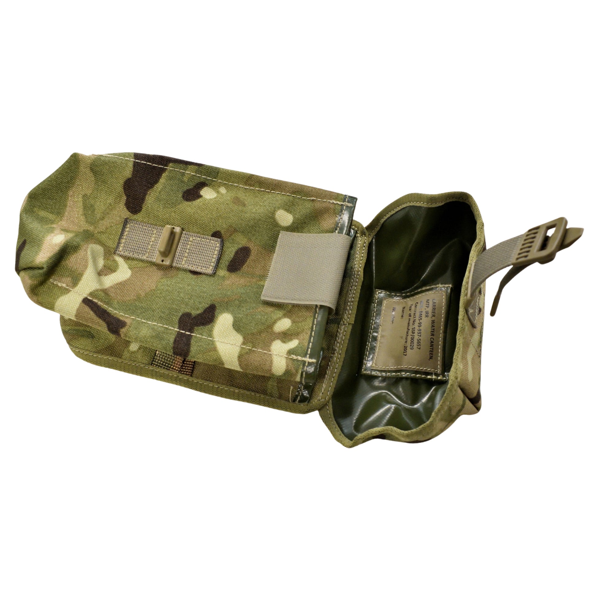 Angled view of British Army Water Canteen Carrier MTP showing closure flap.