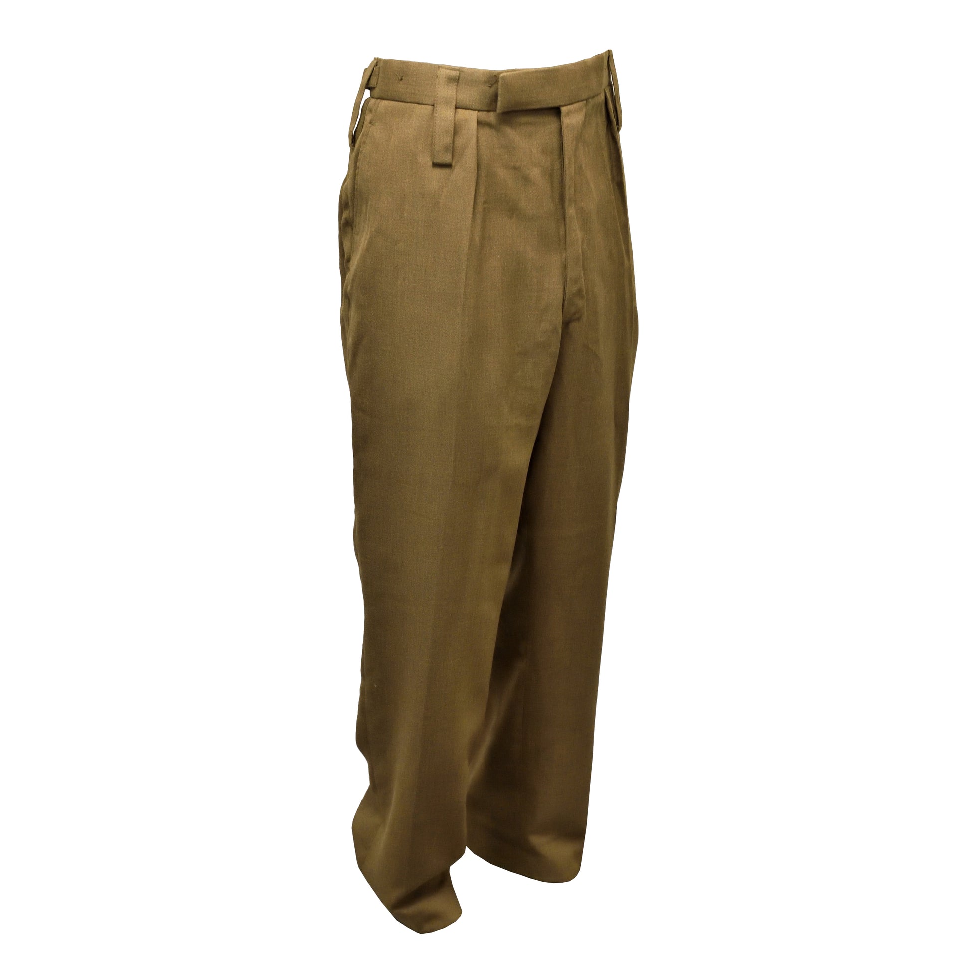 Angled front right view of British Army Dress Trousers showing waistband and seams.