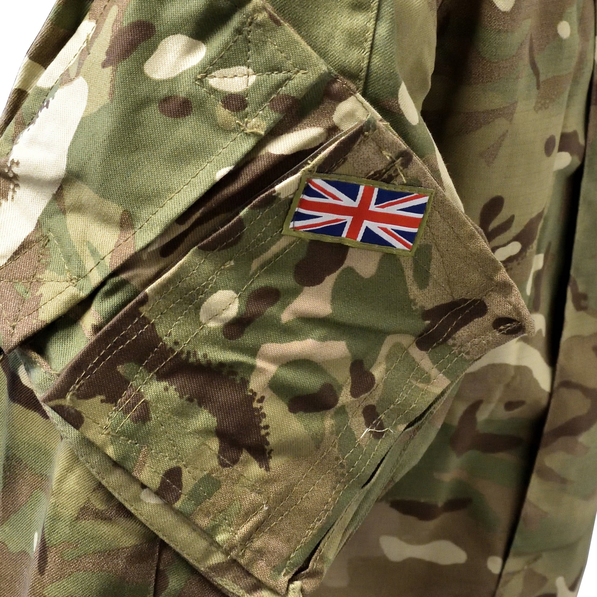 Close-up of Union Jack badge stitched on British Army Combat Shirt "23" MTP.