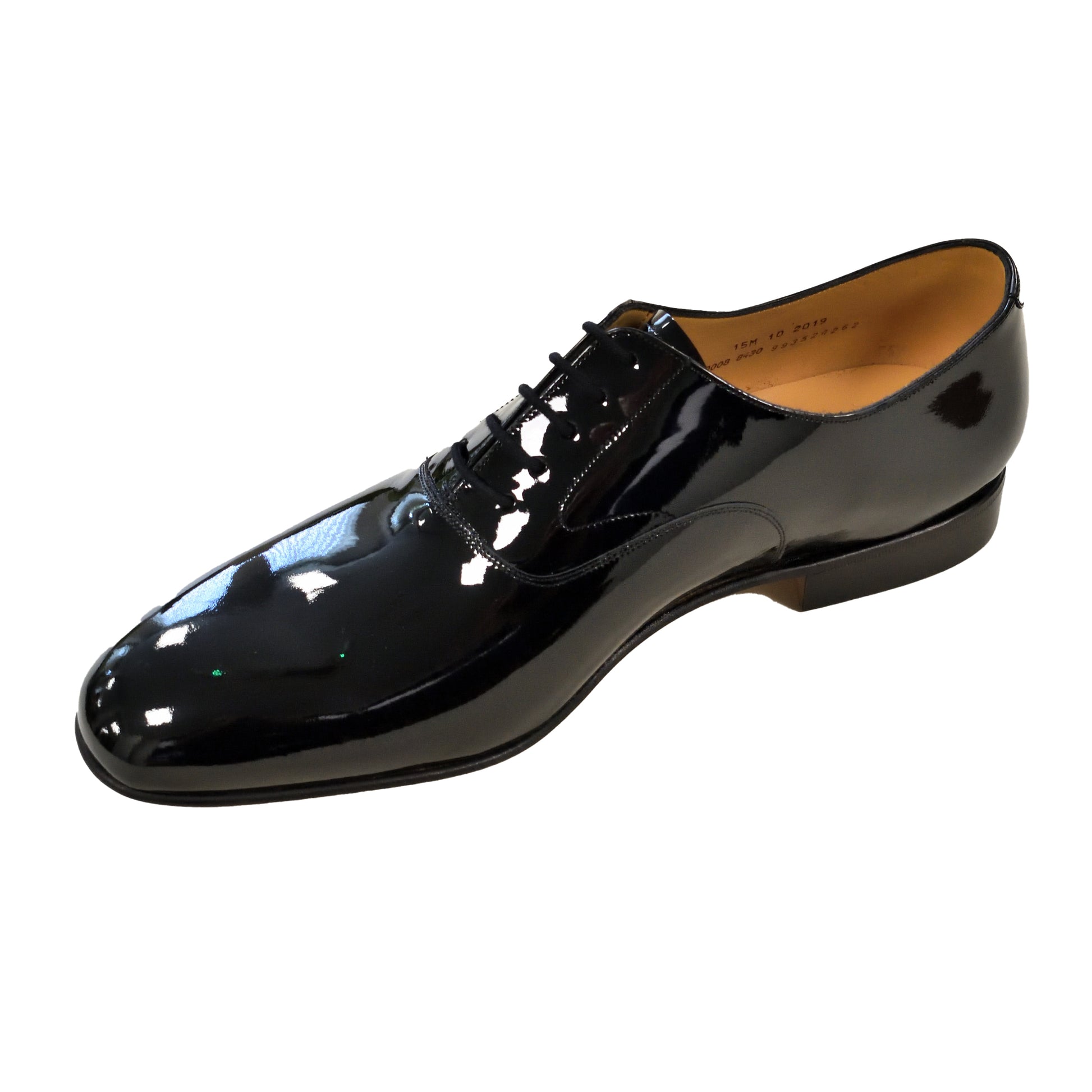 Side profile of John Land Black Patent Shoes showing glossy finish and classic shape.