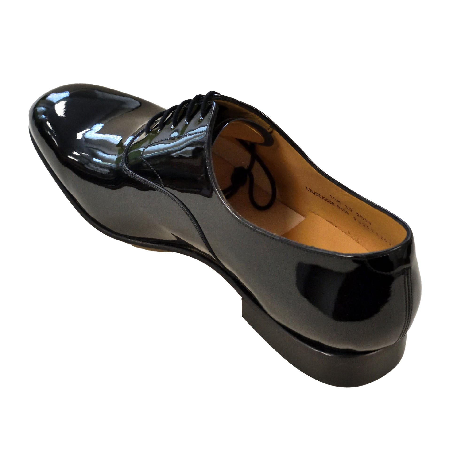 Rear view of John Land Patent Shoes highlighting polished heel and seam.