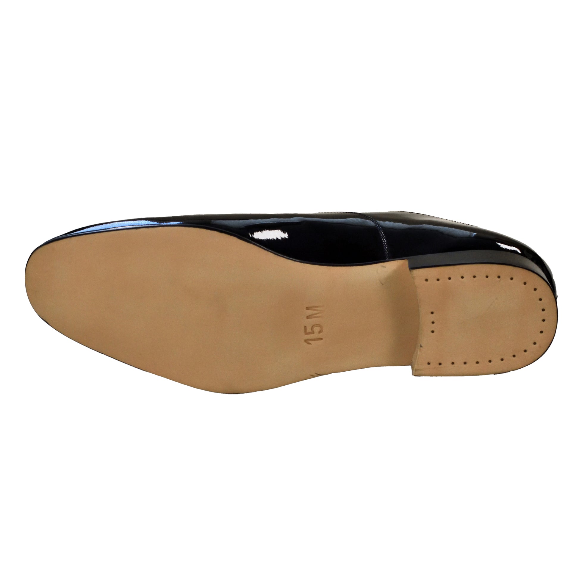 Detail of stitching and sole join on John Land Black Patent Shoes.
