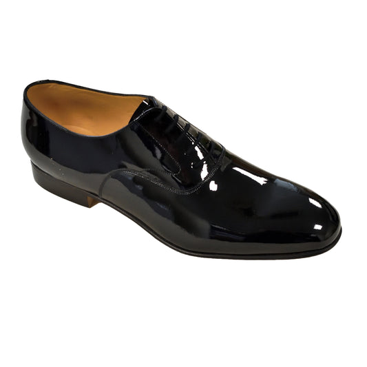 Front view of John Land Patent Shoes in Black with matching canvas shoe bag.