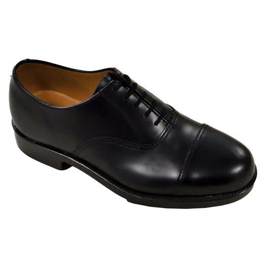 Front view of British Army Men's Black Leather Service Shoes with polished toe caps.