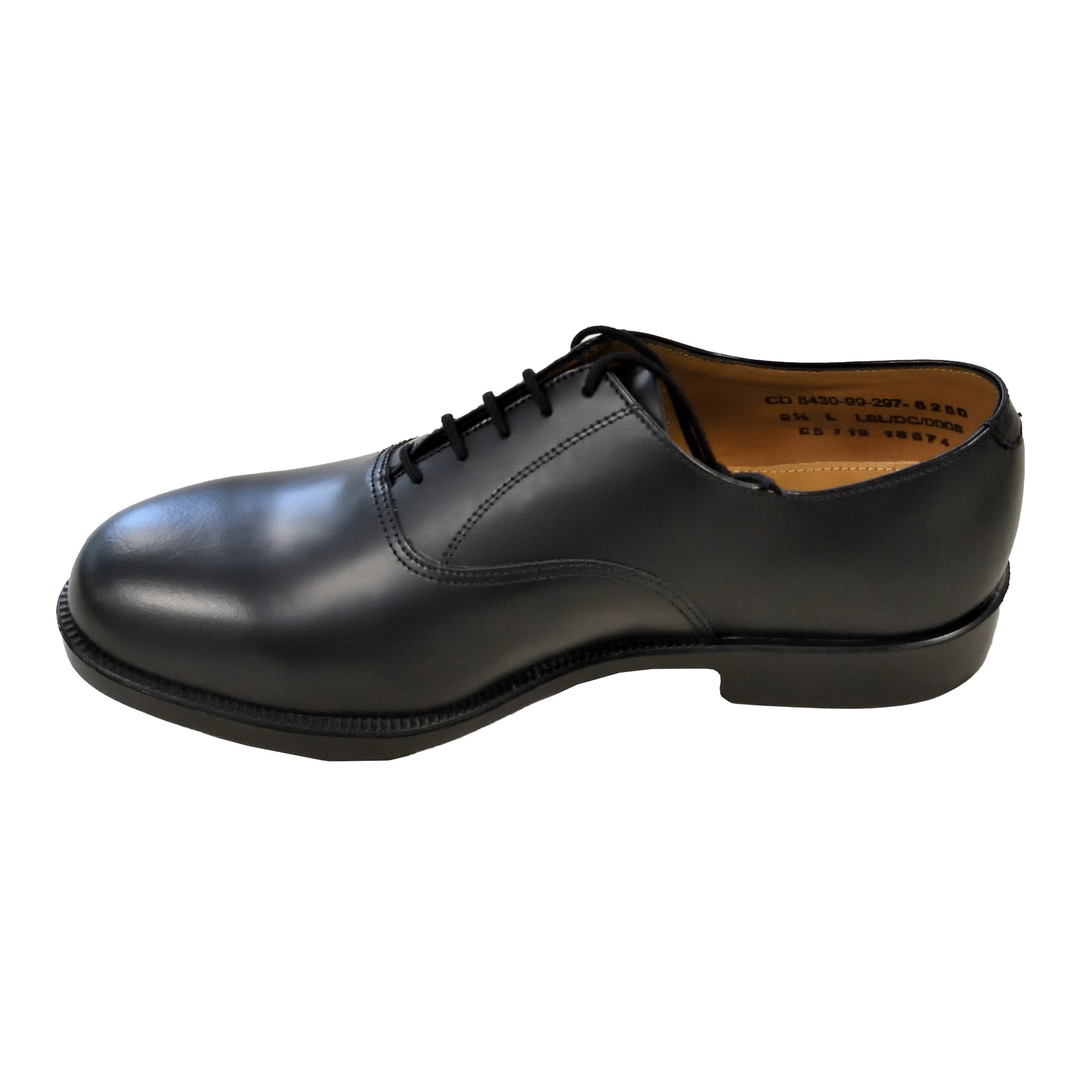 Side profile showing sleek design of black leather service shoes without cap toe.
