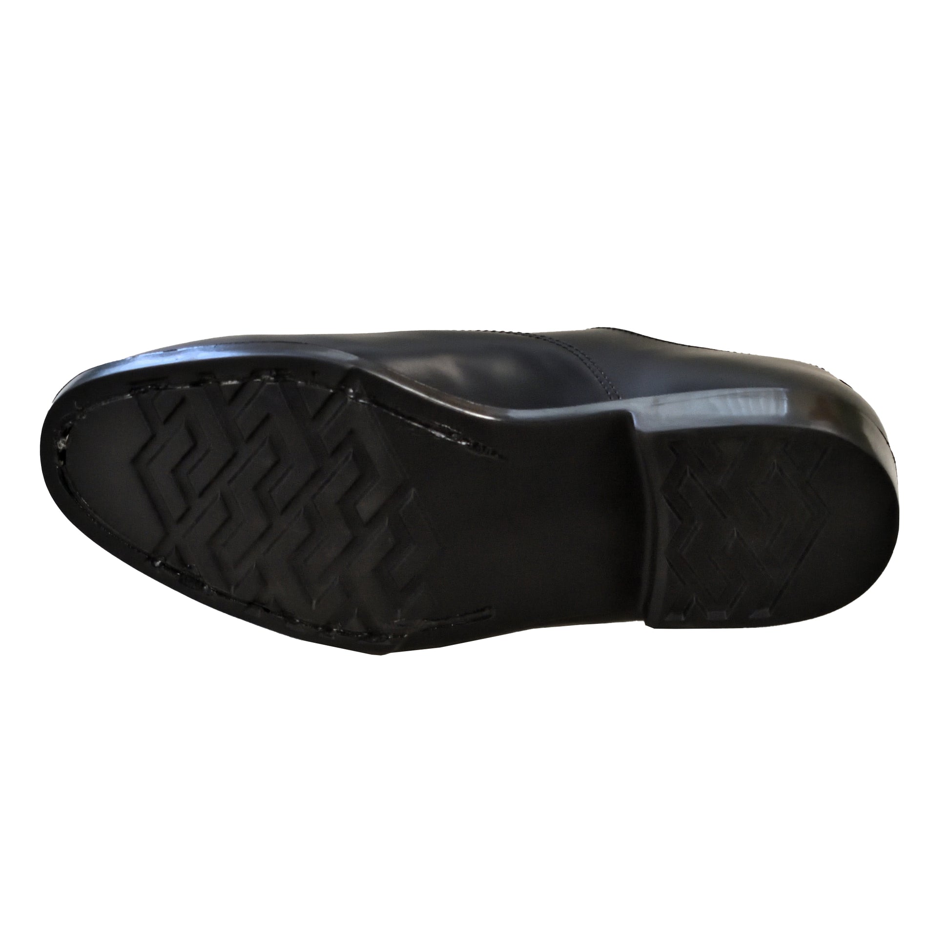Sole detail of black service shoes showing grip pattern and stitching.