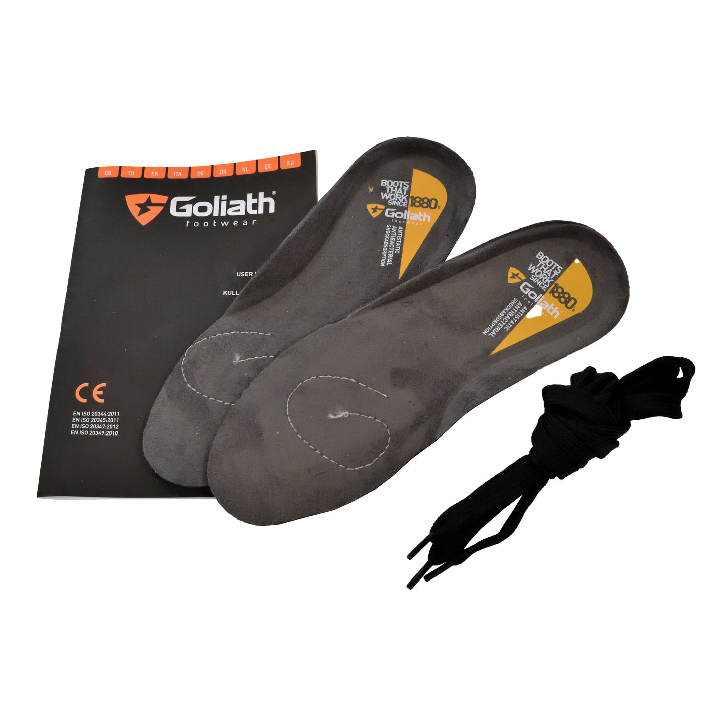 Close‑up of booklet, laces and insoles for Goliath SPSR1121 Safety Boots.