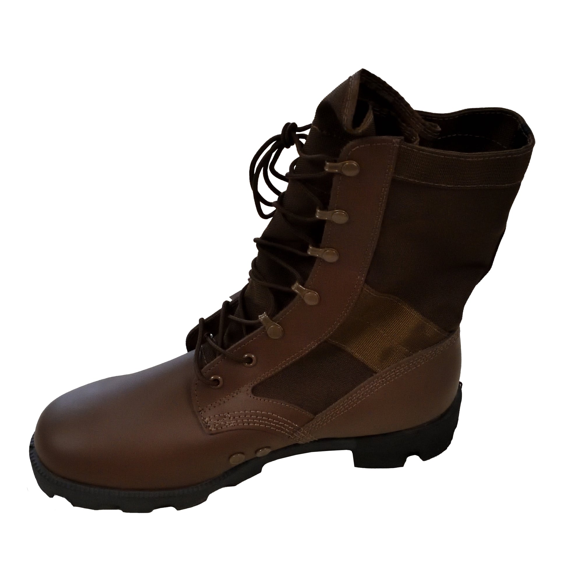 Side profile of Wellco Peruana Brown Jungle Boots showing canvas and leather panels.