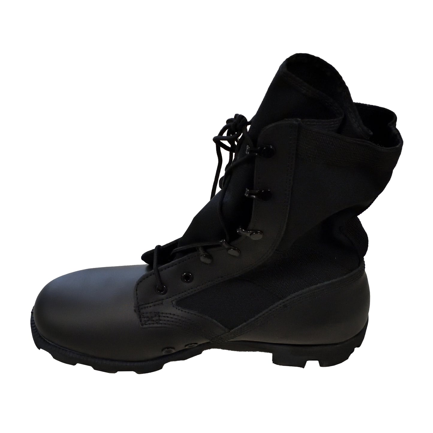 Side profile of Wellco Peruana Jungle Boots Black showing canvas and leather contrast.