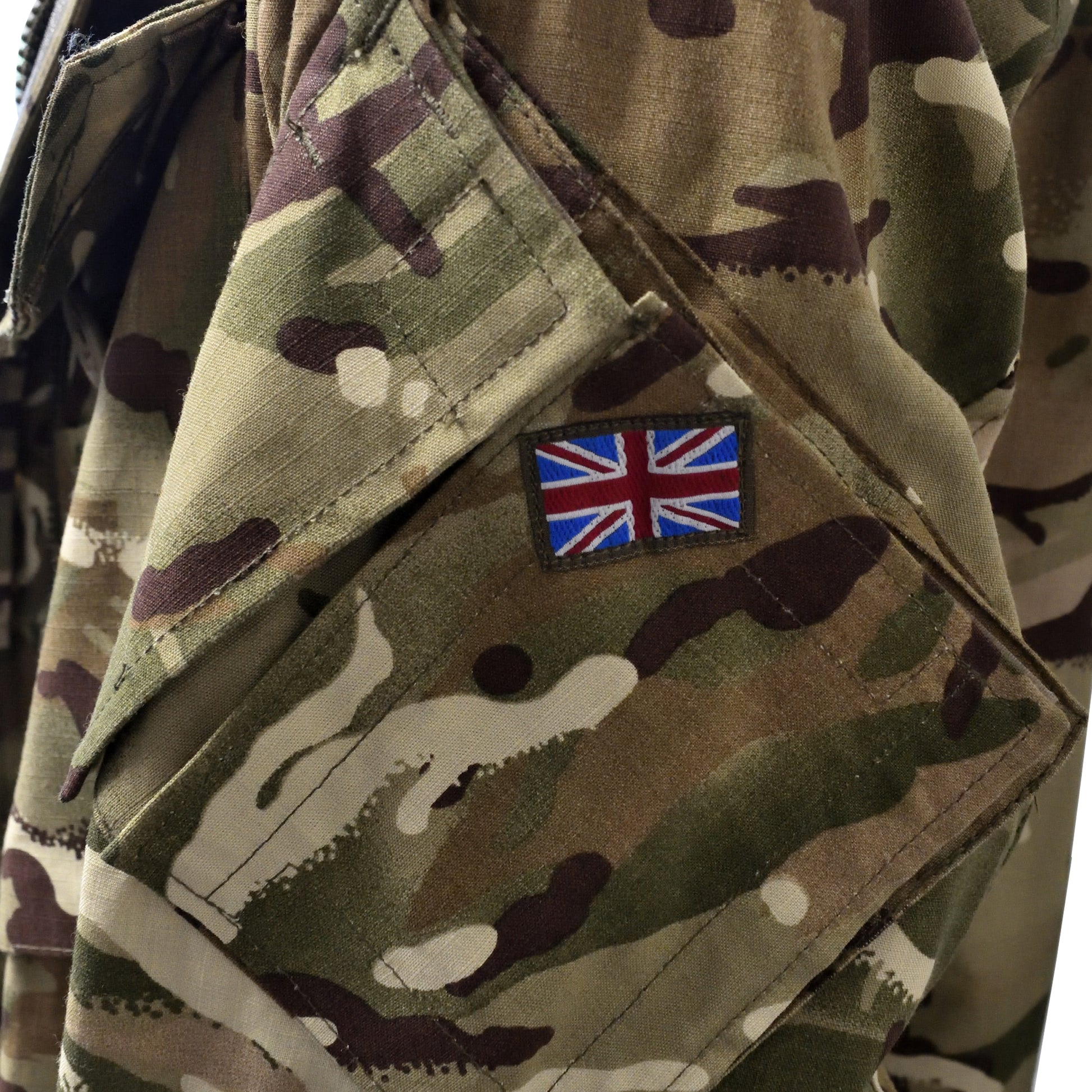 Close-up of Union Jack badge stitched on British Army FR Combat Smock MTP for CR2.