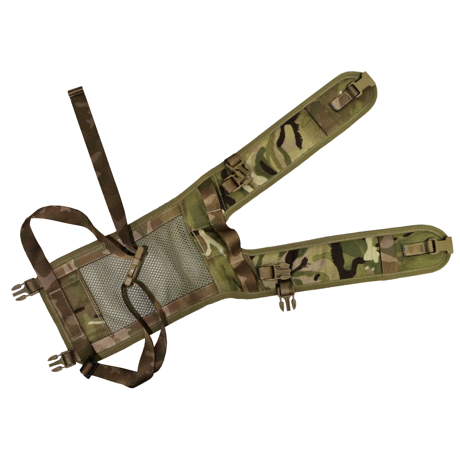 Topdown view of British Army Rucksack Side Pouch Yoke in MTP camouflage IRR fabric.
