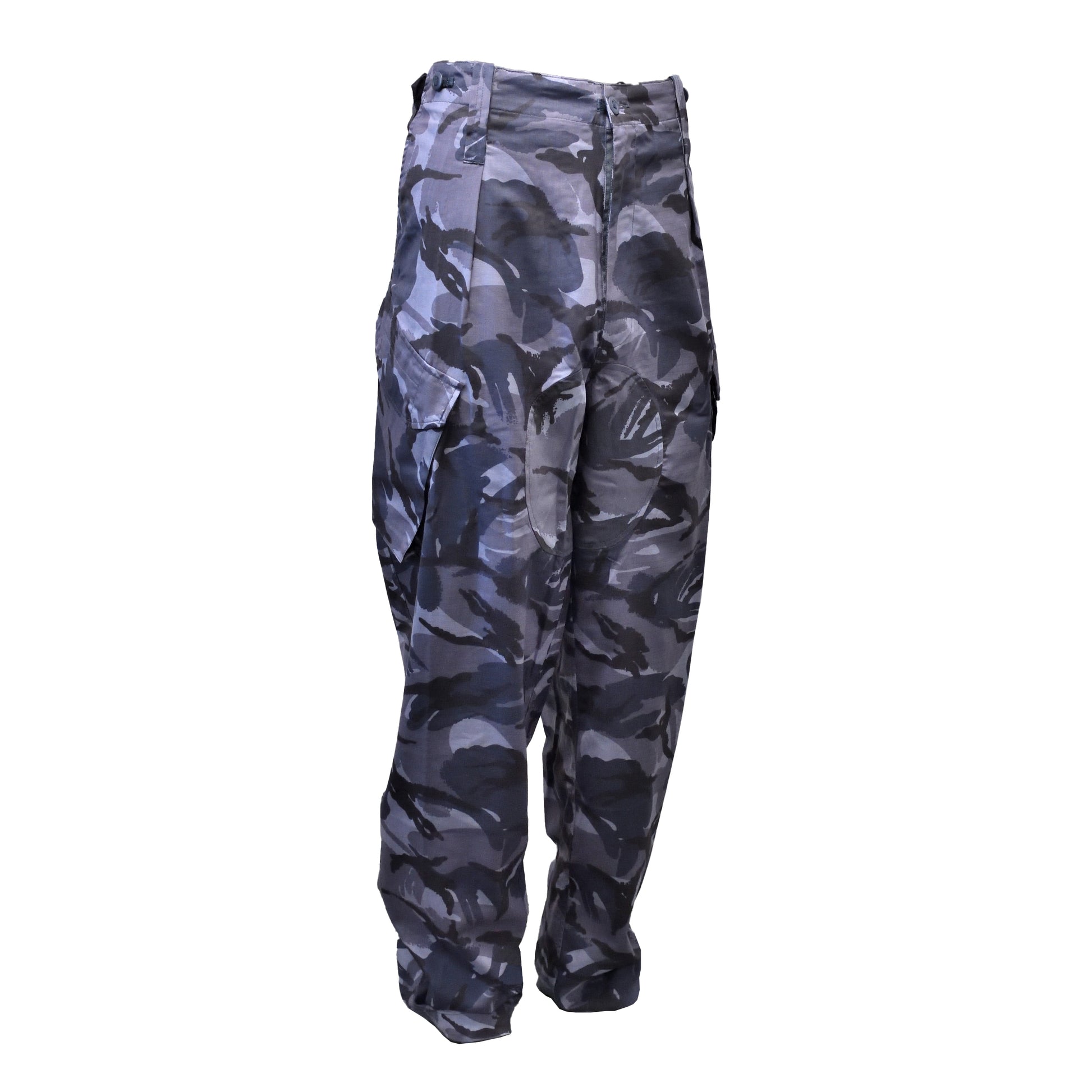 Angled front right view of British Army Blue Camo Combat Trousers.