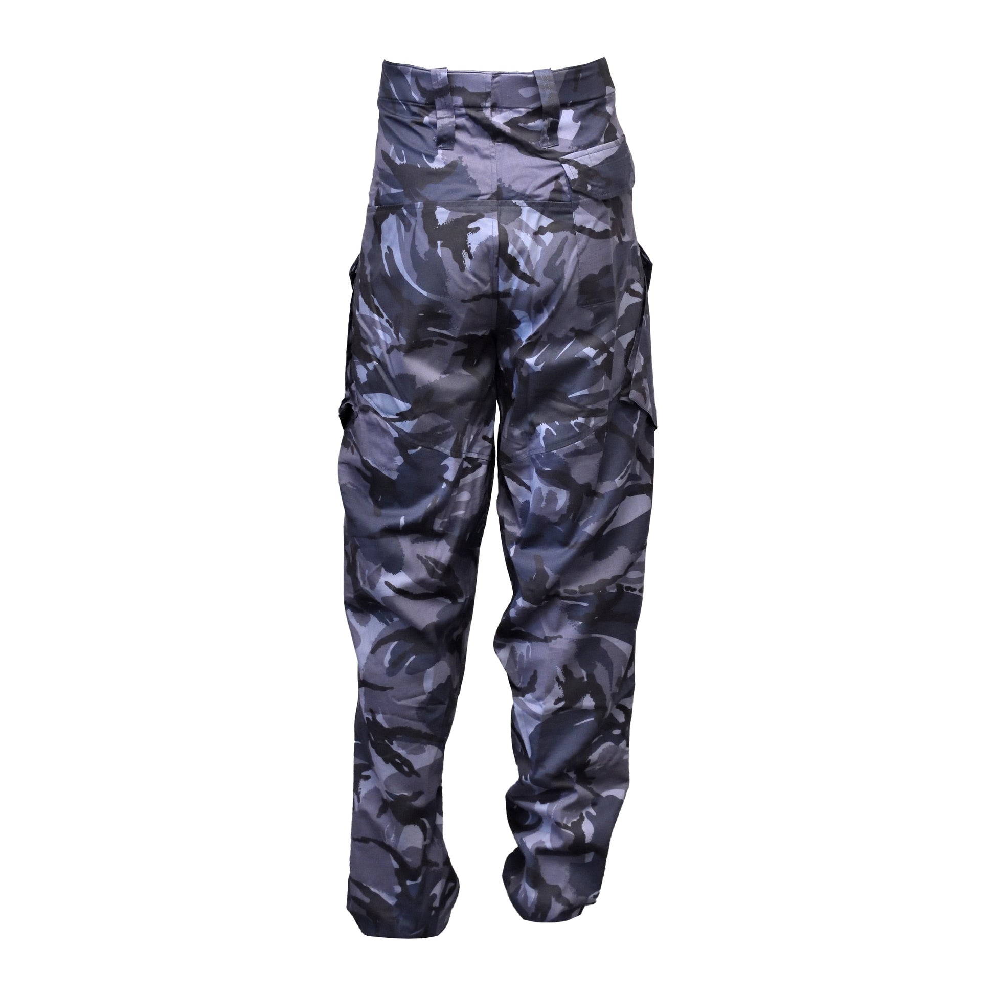 Rear view of British Army Combat Trousers Blue Camo with insect repellent treatment.
