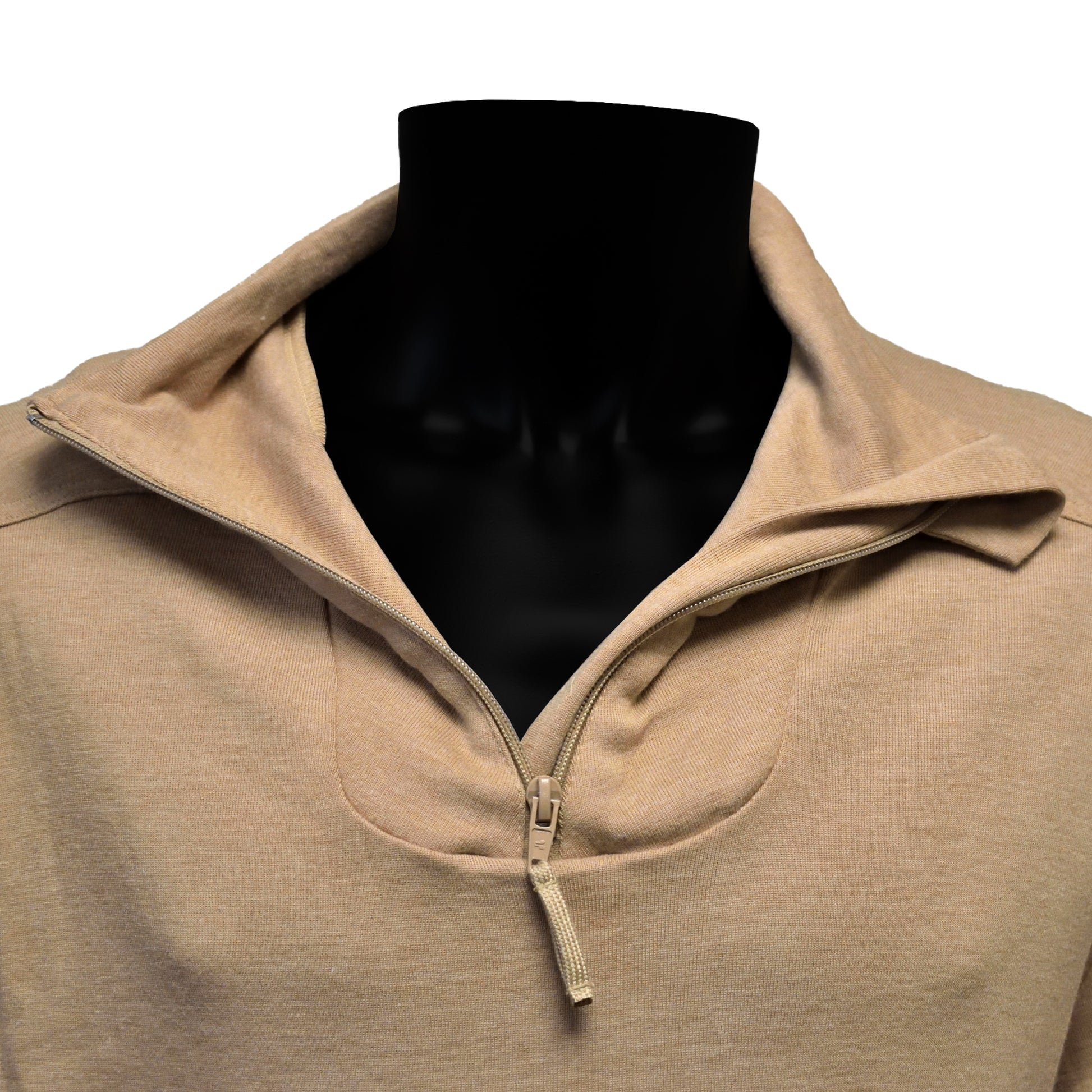 Close-up of the collar unzipped on British Army Desert FR Thermal Combat Undershirt.